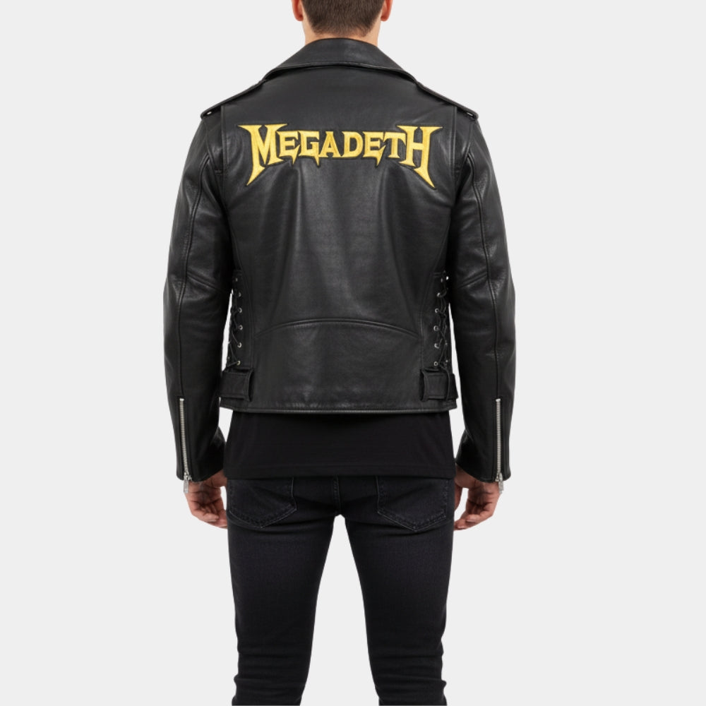 Megadeth Band  Black Leather Biker Jacket - Back View