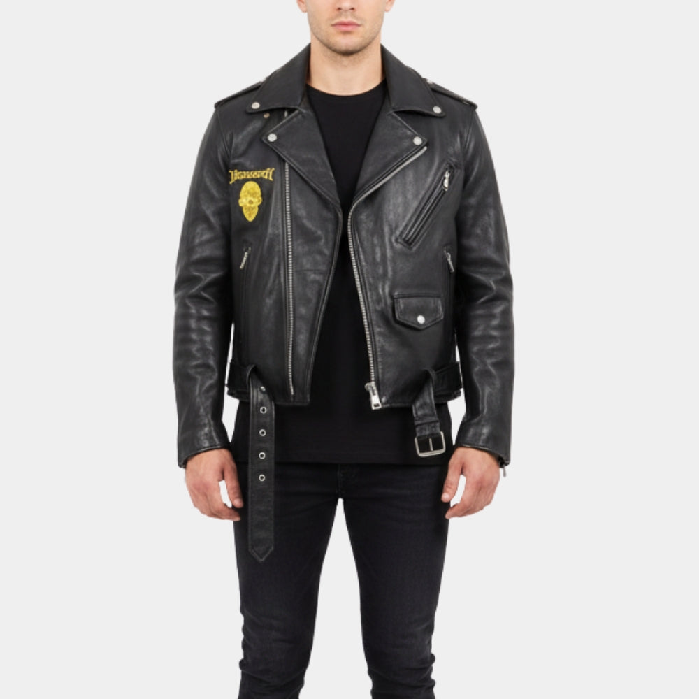 Megadeth Band  Black Leather Biker Jacket - Front View
