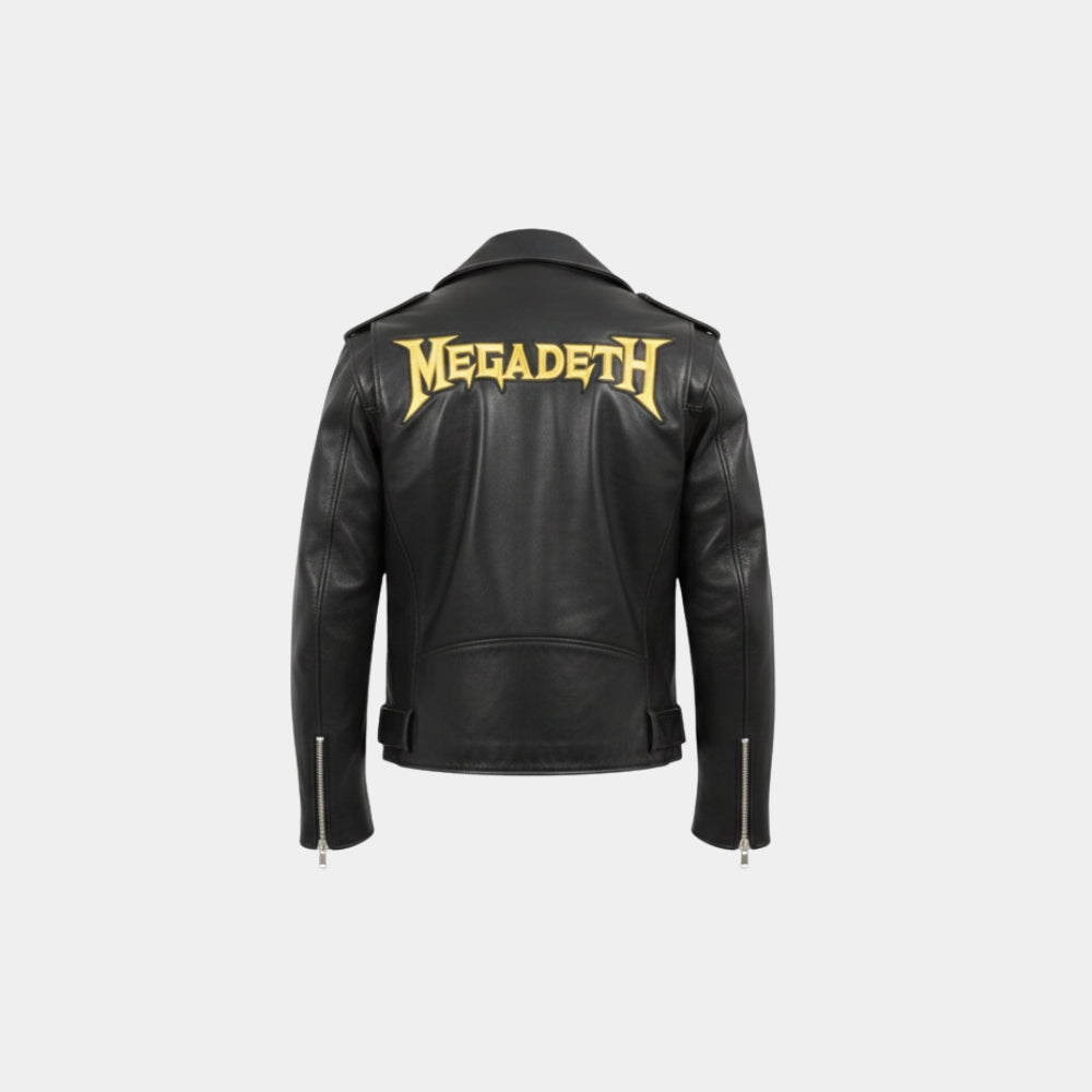 Megadeth Band  Black Leather Biker Jacket - Mannequin Back View