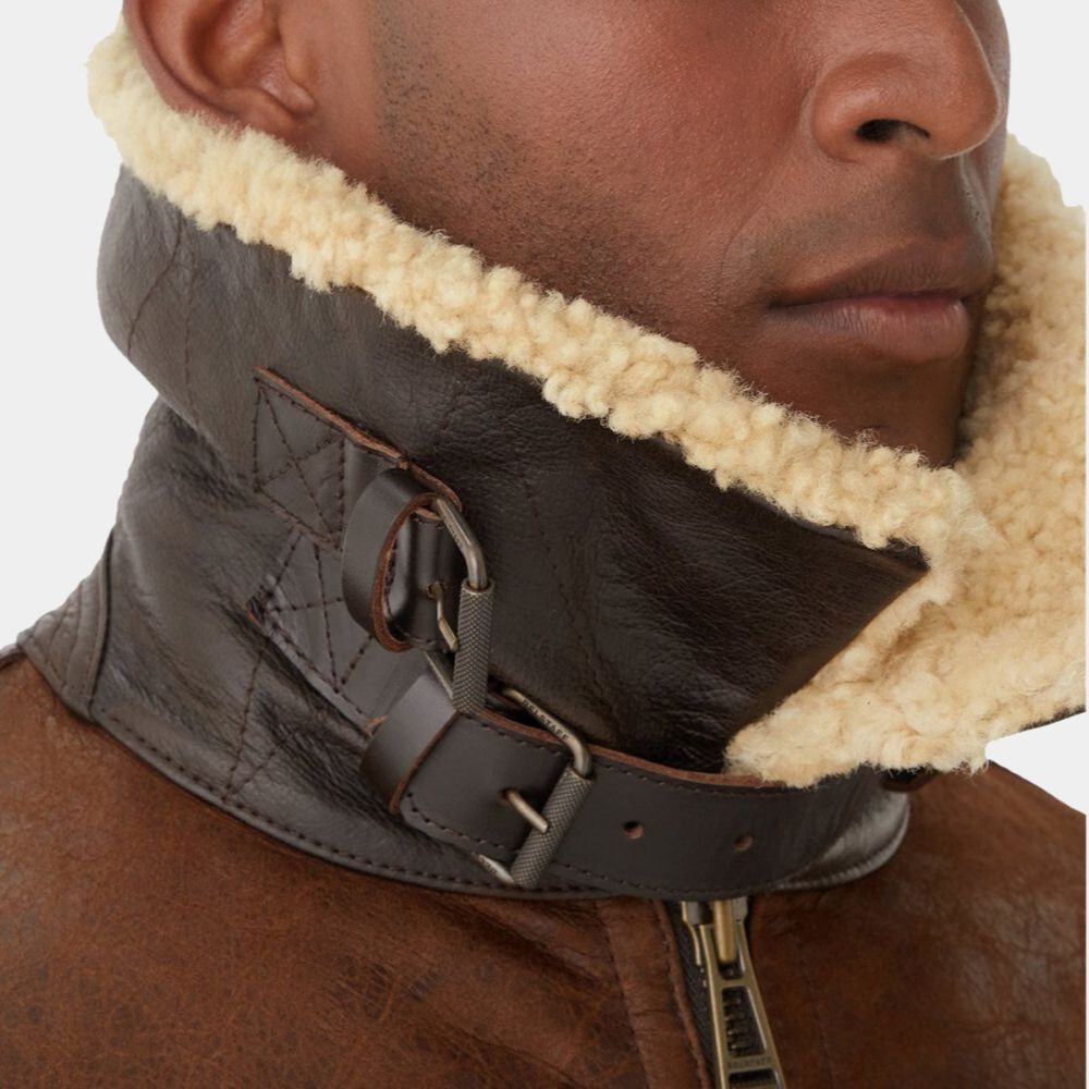 Men in Kilts Season 02 (New Zealand ) Retro Shearling Leather Aviator Jacket - Front Collar View