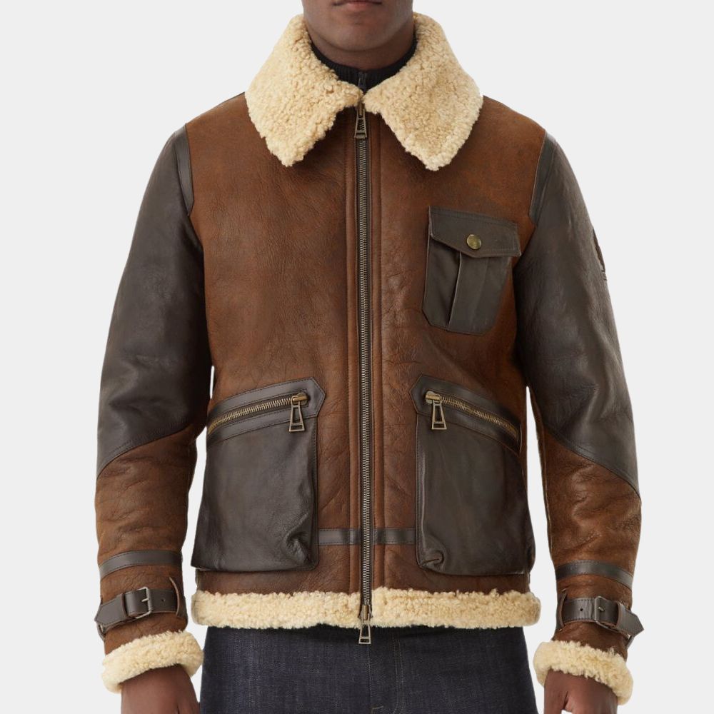 Men in Kilts Season 02 (New Zealand ) Retro Shearling Leather Aviator Jacket - Front View