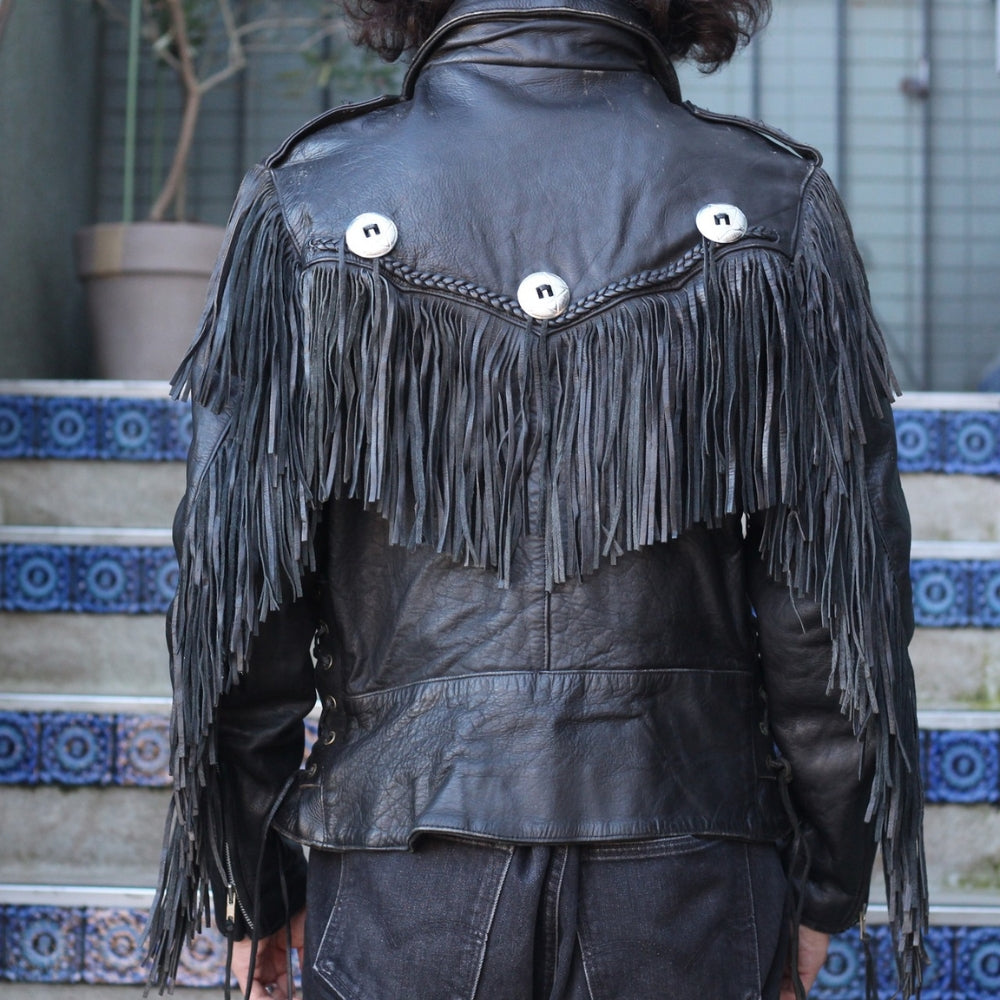Men’s American  Vintage Biker Fringe Concho Design Leather Jacket - Back View