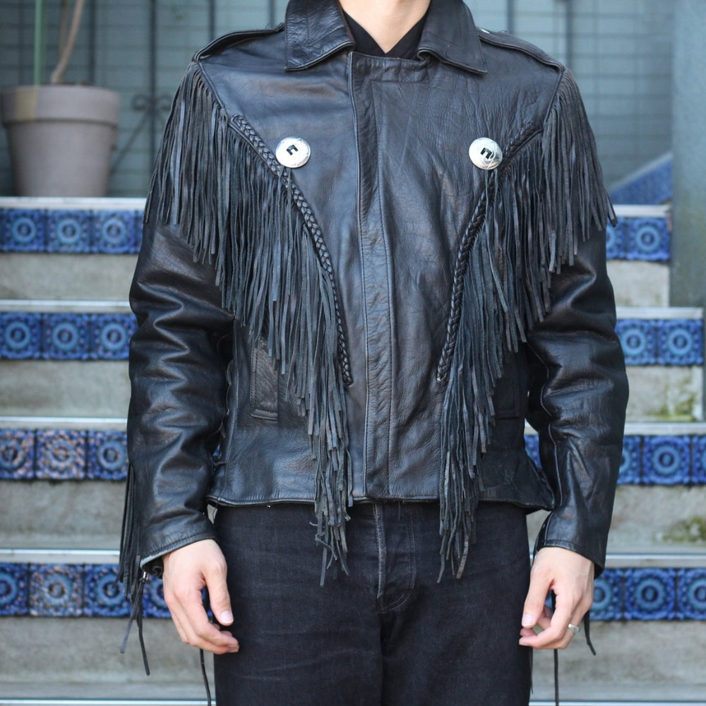 Men’s American  Vintage Biker Fringe Concho Design Leather Jacket - Front View