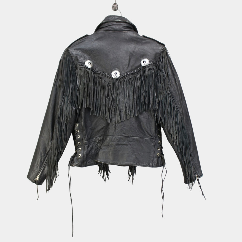 Men’s American  Vintage Biker Fringe Concho Design Leather Jacket - Mannequin Back View