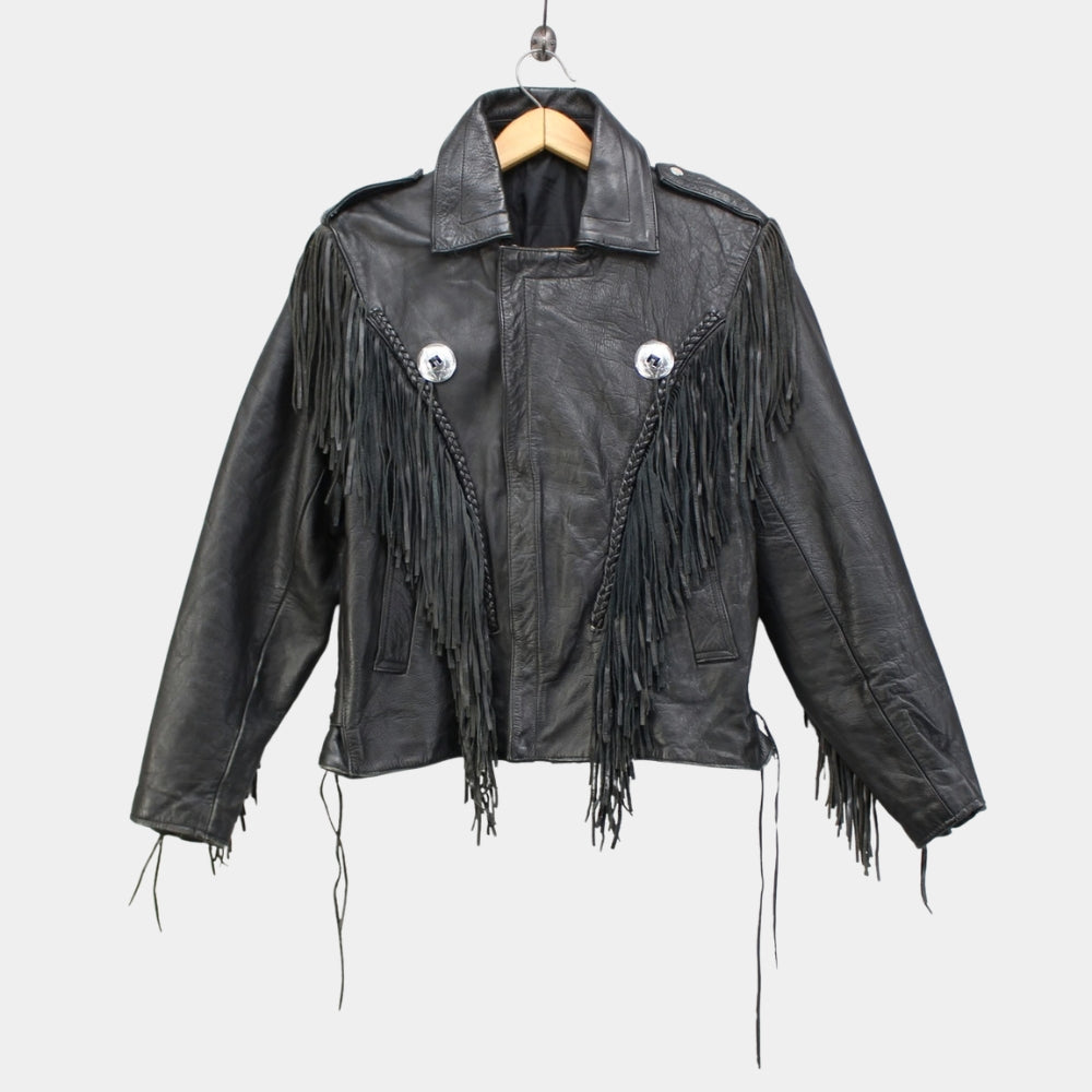 Men’s American  Vintage Biker Fringe Concho Design Leather Jacket - Mannequin Front View