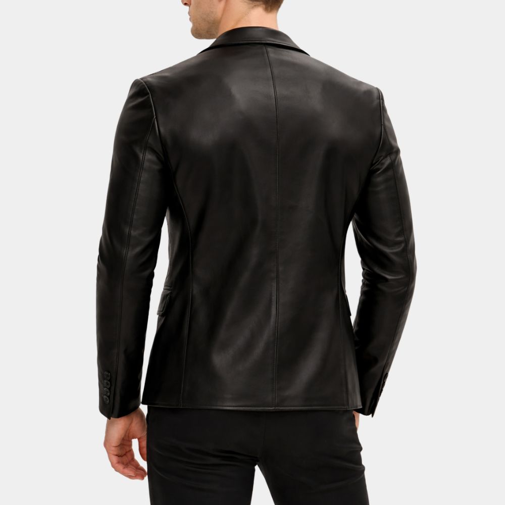 Men’s DONNIE Notch Lapel Zipper-End Real Leather Blazer - Back View