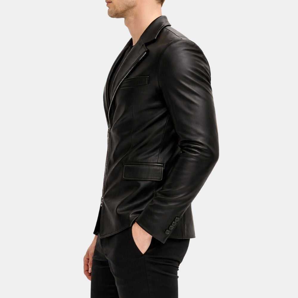 Men’s DONNIE Notch Lapel Zipper-End Real Leather Blazer - Side View