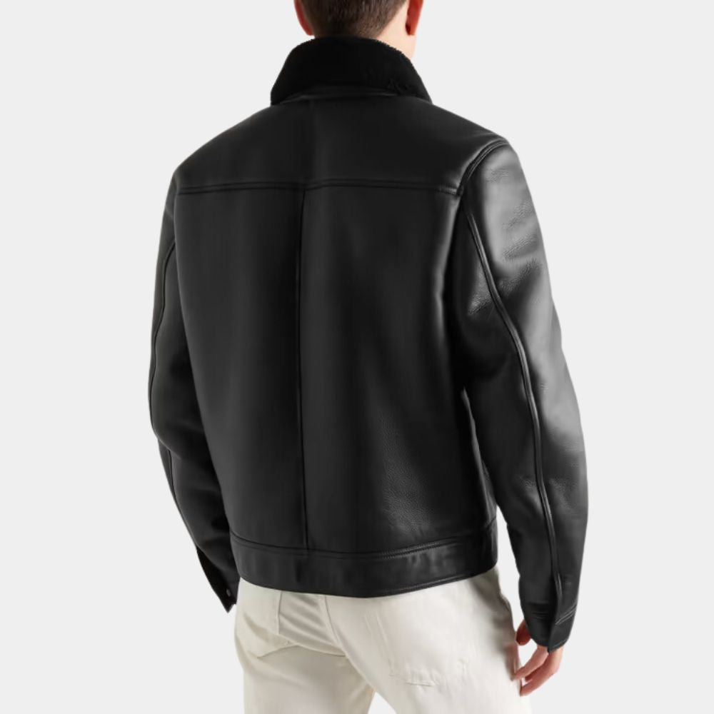 Men's Parker Shearling Collar Black Leather Trucker Jacket - Back View