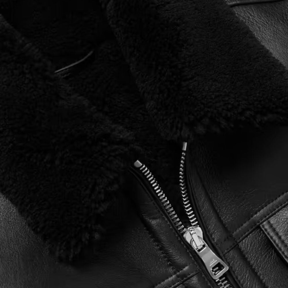 Men's Parker Shearling Collar Black Leather Trucker Jacket - Collar Close - Up View