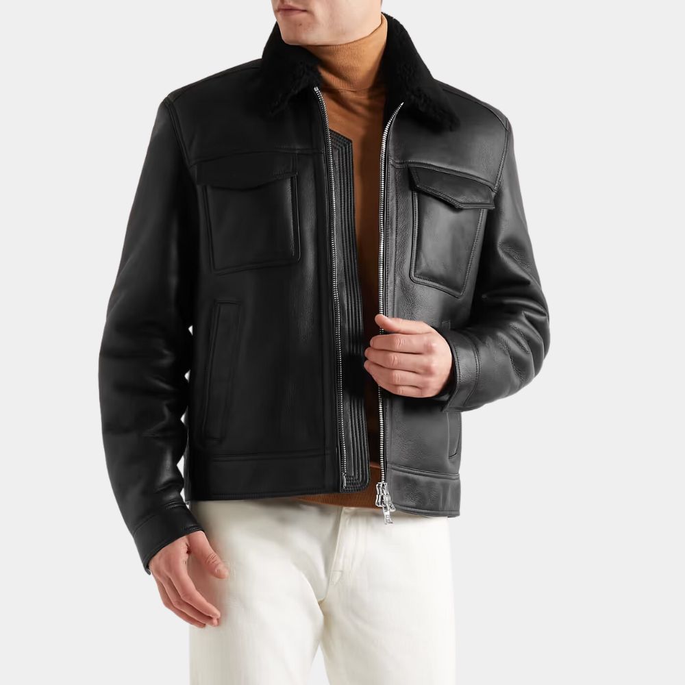Men's Parker Shearling Collar Black Leather Trucker Jacket - Front View