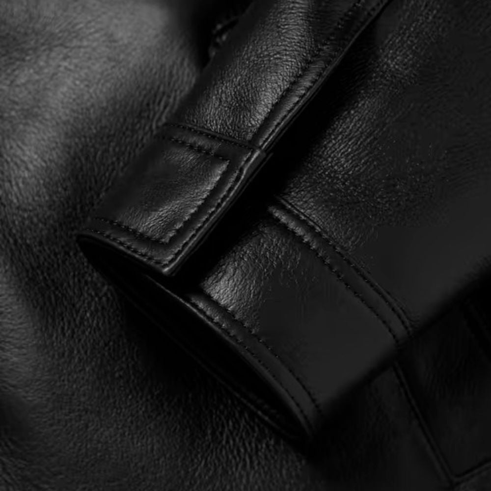Men's Parker Shearling Collar Black Leather Trucker Jacket - Sleeve Close - Up View