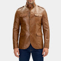 Men’s Safari Brown Style Real Leather Blazer - Front View