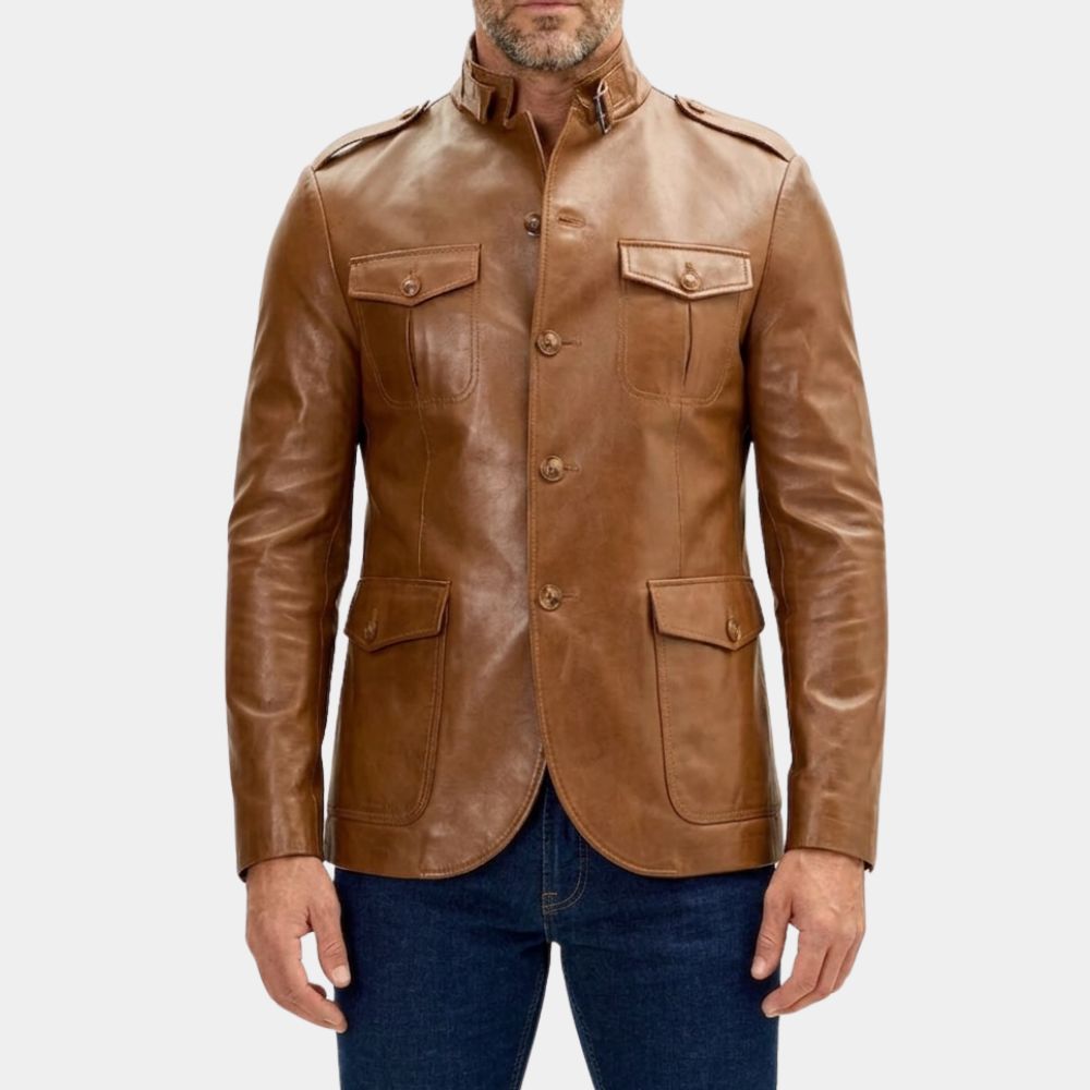 Men’s Safari Brown Style Real Leather Blazer - Front View