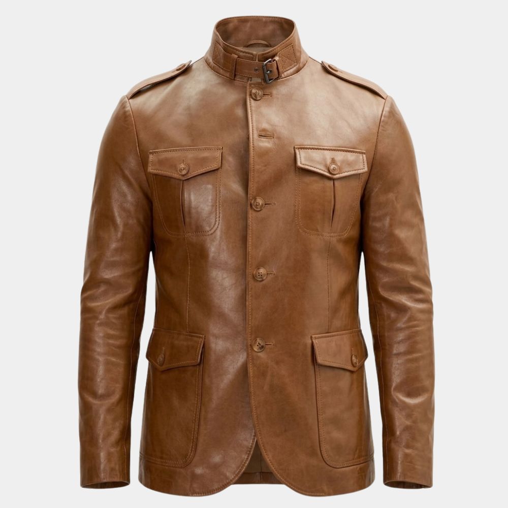 Men’s Safari Brown Style Real Leather Blazer - Mannequin Front View