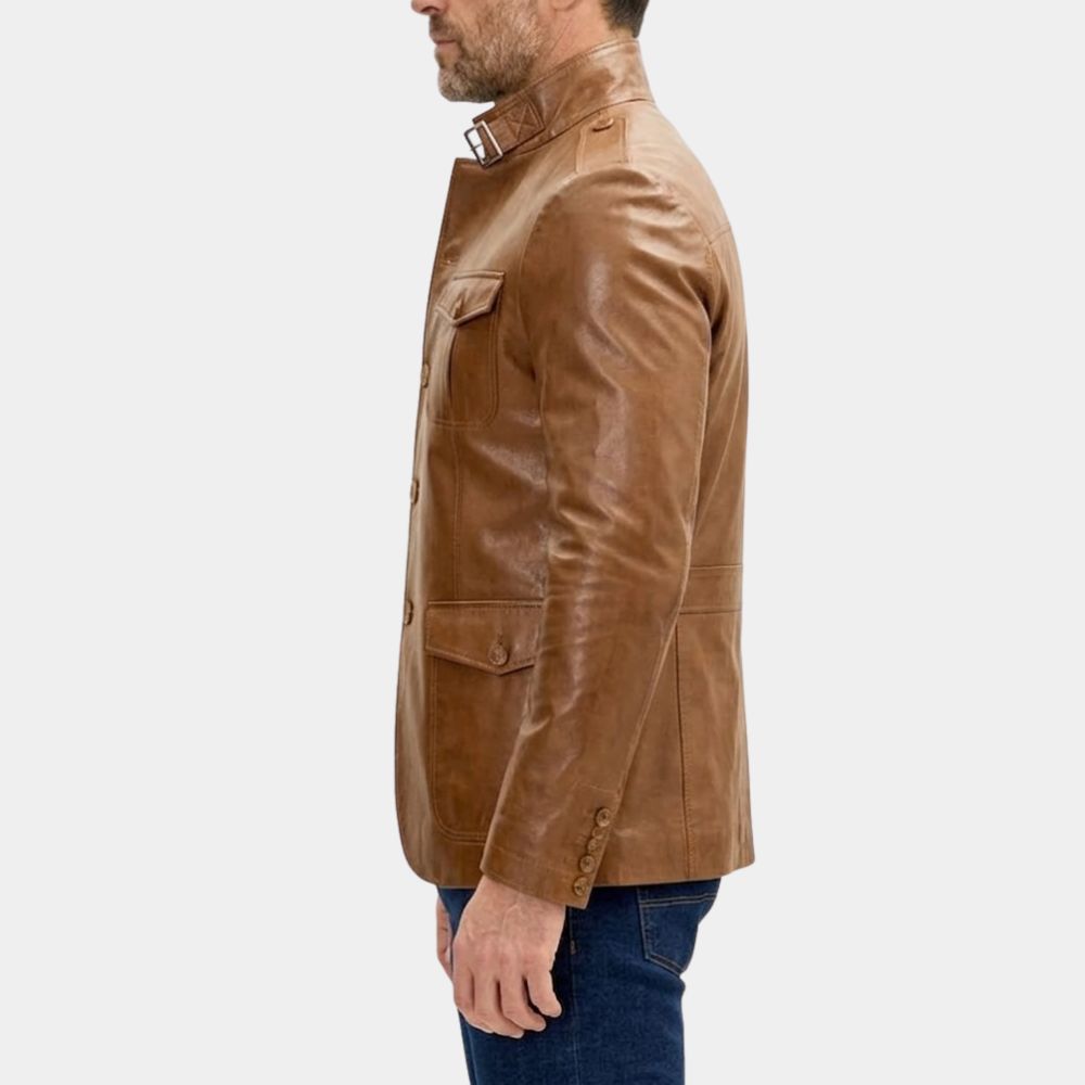 Men’s Safari Brown Style Real Leather Blazer - Side View