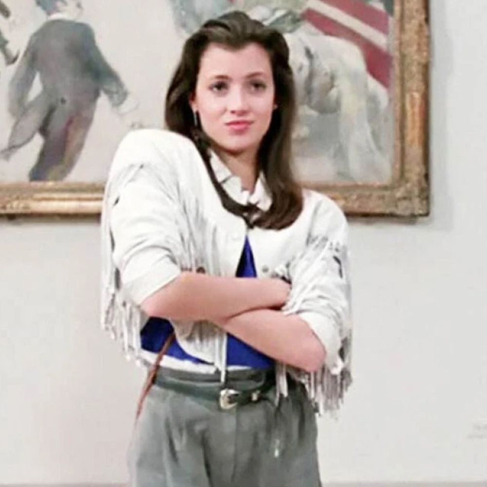 Mia Sara  Ferris Bueller’s Day Off Sloane Peterson White Fringe Leather Jacket - Front View