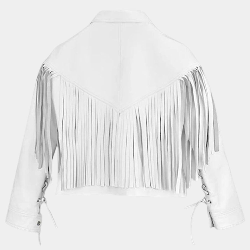 Mia Sara  Ferris Bueller’s Day Off Sloane Peterson White Fringe Leather Jacket - Mannequin Back View