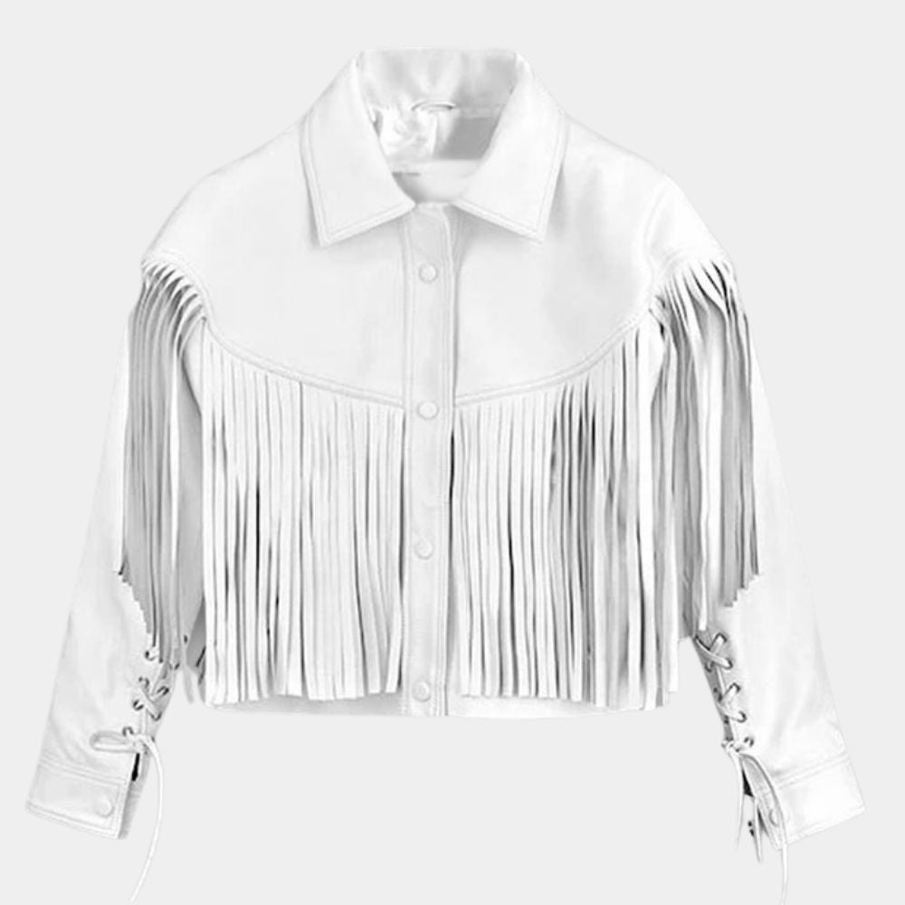 Mia Sara  Ferris Bueller’s Day Off Sloane Peterson White Fringe Leather Jacket - Mannequin Front View