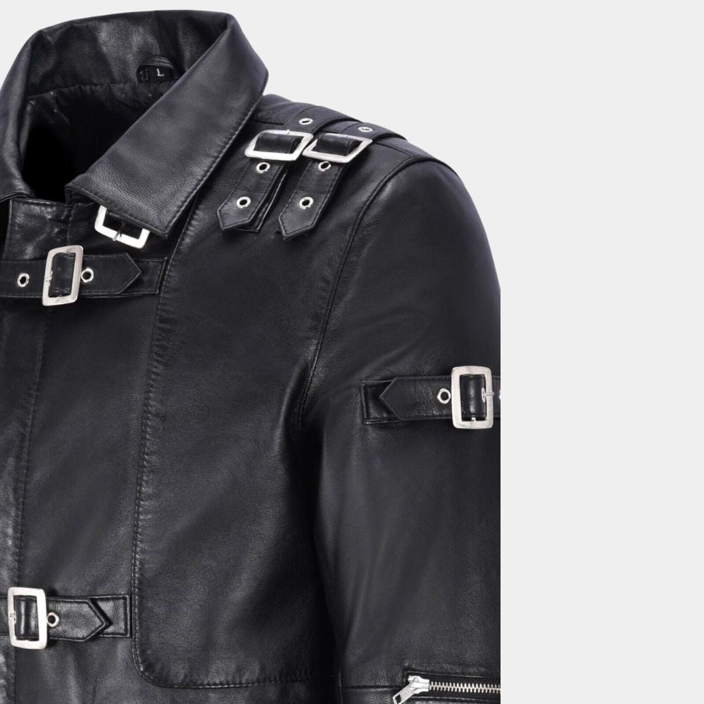 Michael Jackson Black Bad Multi buckle Strap Jacket - Mannequin Front Close - Up View