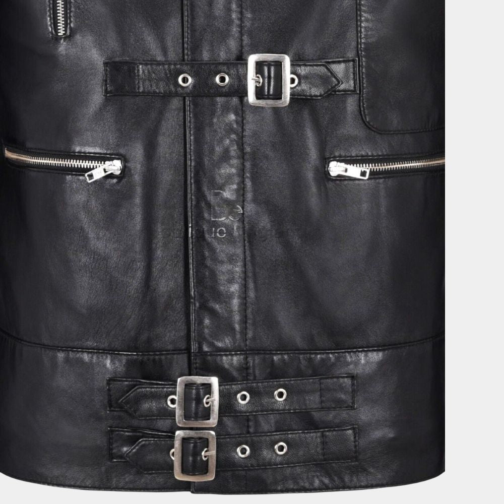 Michael Jackson Black Bad Multi buckle Strap Jacket - Mannequin Front Strap Close - Up View