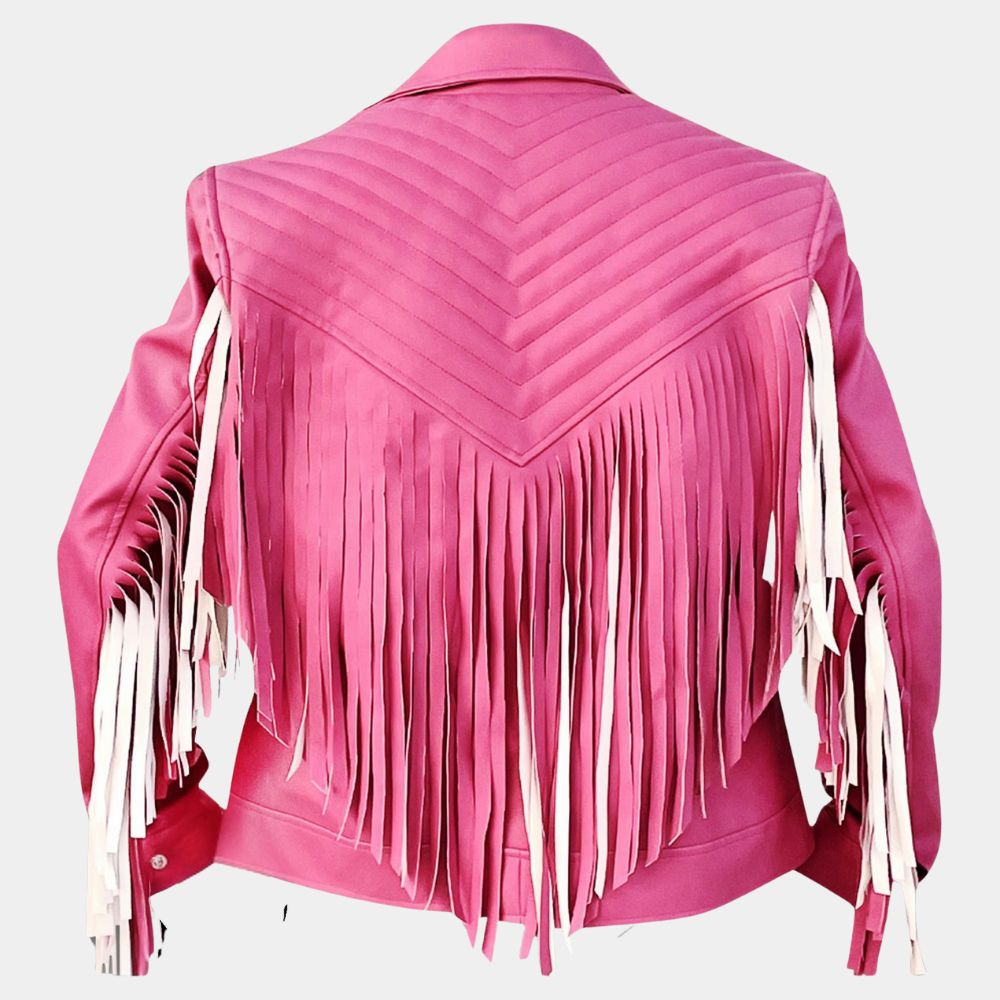 Minecraft Jason Momoa Jacket aka Garrett Garrison Pink Fringe Leather Jacket - Mannequin Back View
