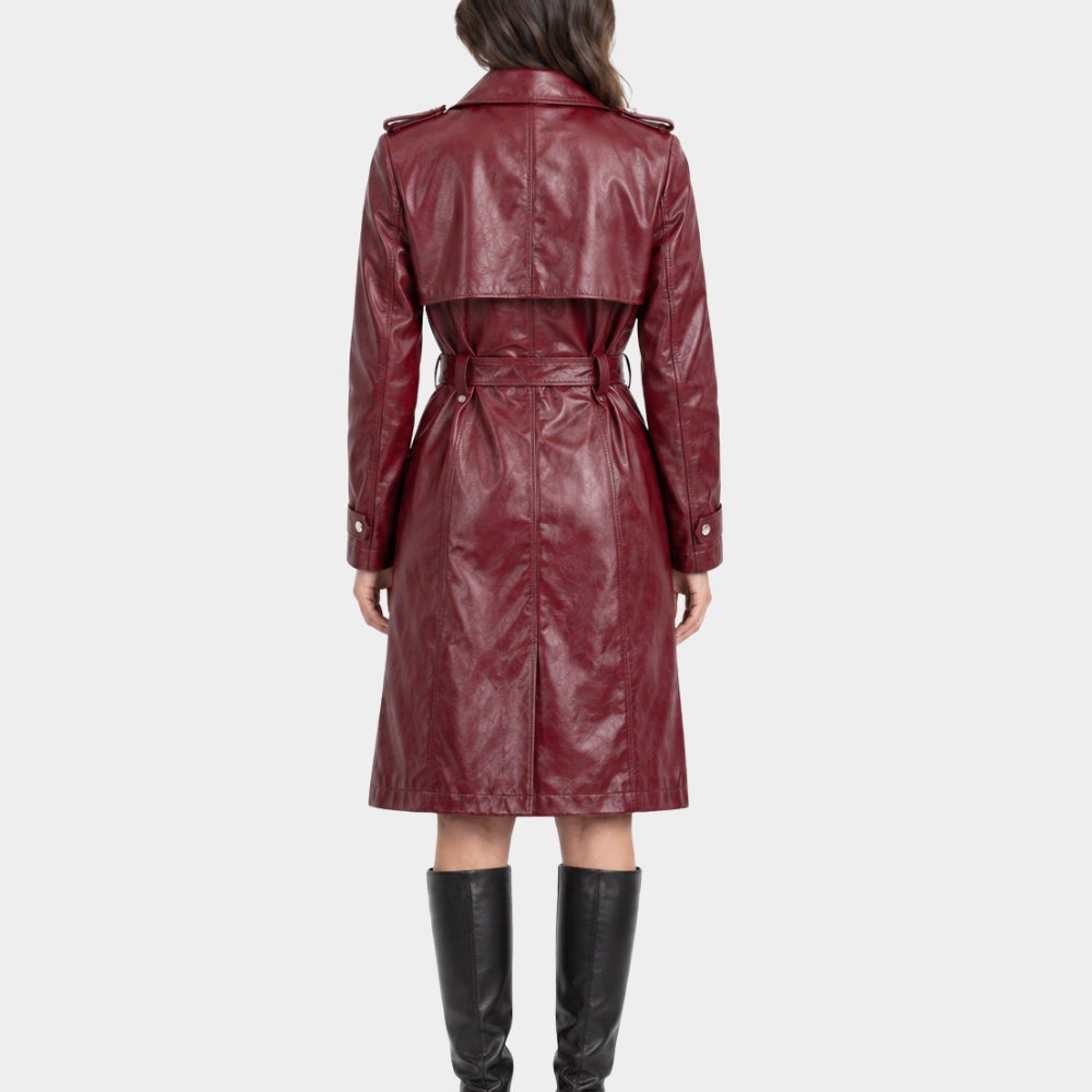 Money Trap Demet Akbağ Maroon Leather Trench Coat