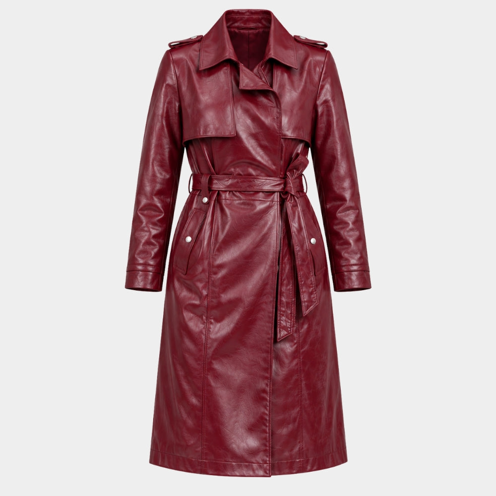 Money Trap Demet Akbağ Maroon Leather Trench Coat