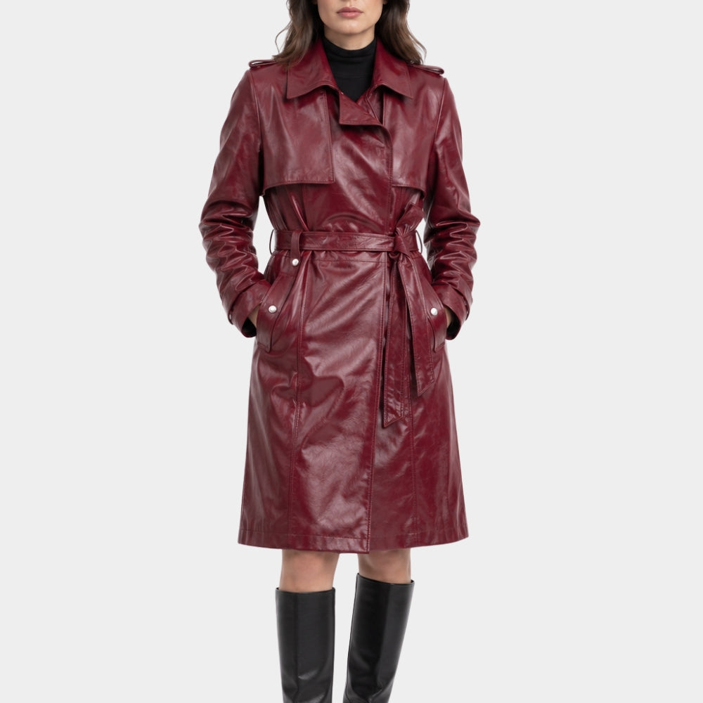 Money Trap Demet Akbağ Maroon Leather Trench Coat
