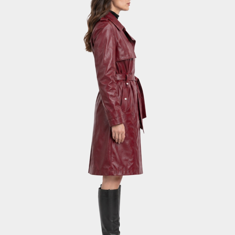 Money Trap Demet Akbağ Maroon Leather Trench Coat