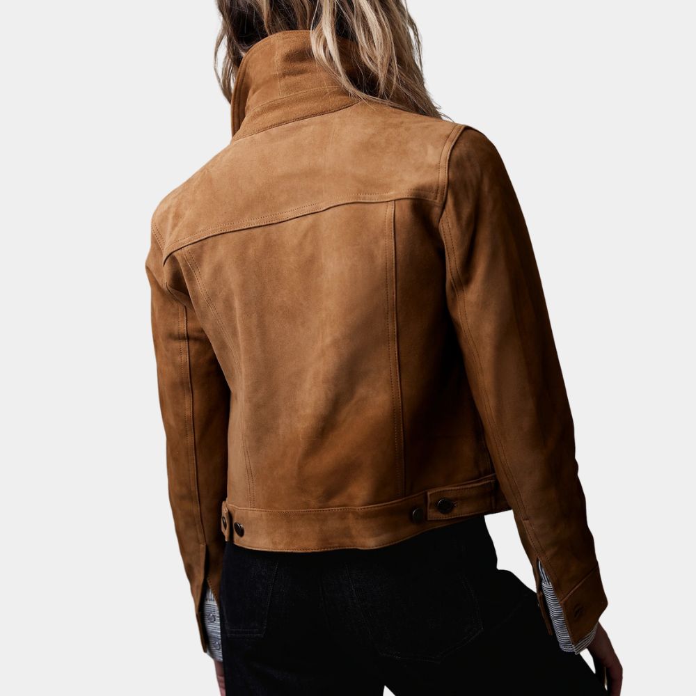 Monica Barbaro  Brown Suede Leather Jacket - Back View