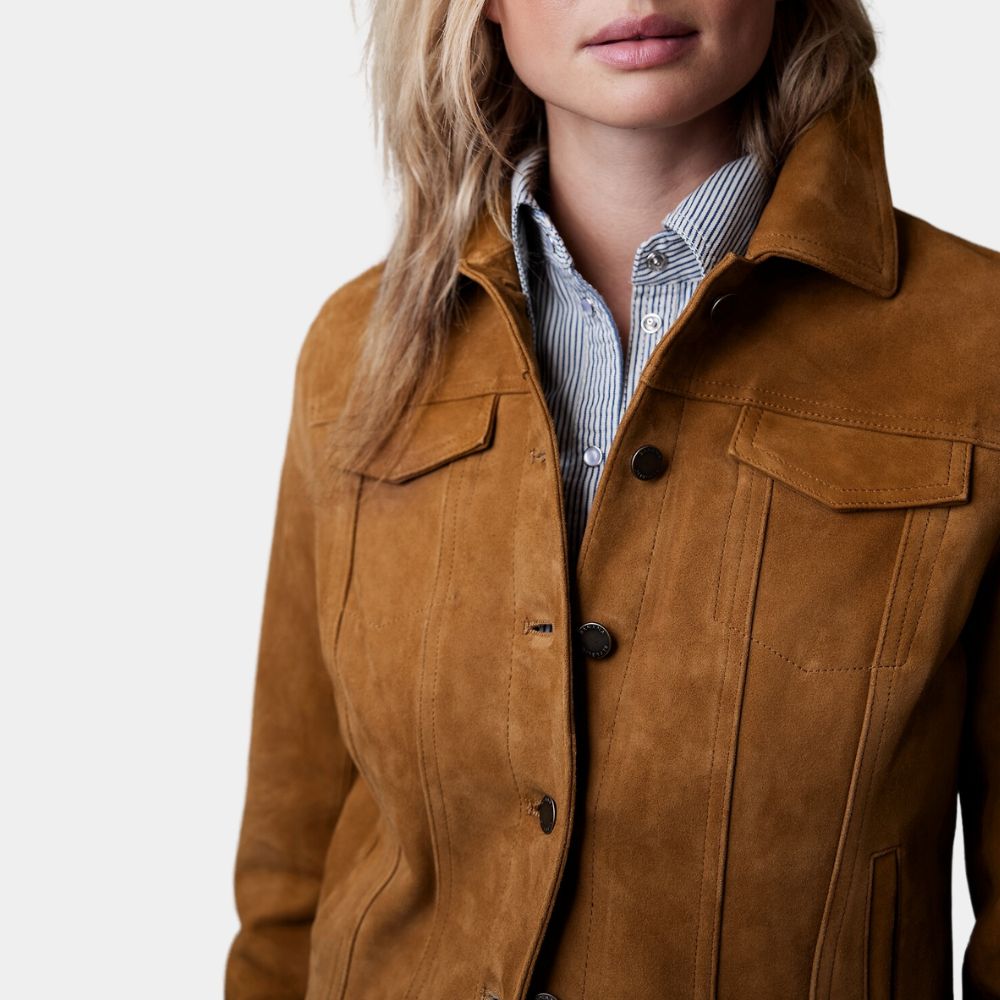 Monica Barbaro  Brown Suede Leather Jacket - Front Close - Up View