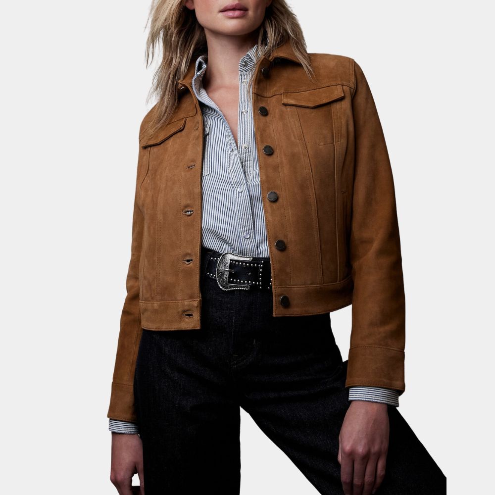 Monica Barbaro  Brown Suede Leather Jacket - Front View