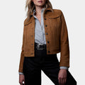 Monica Barbaro  Brown Suede Leather Jacket - Front View