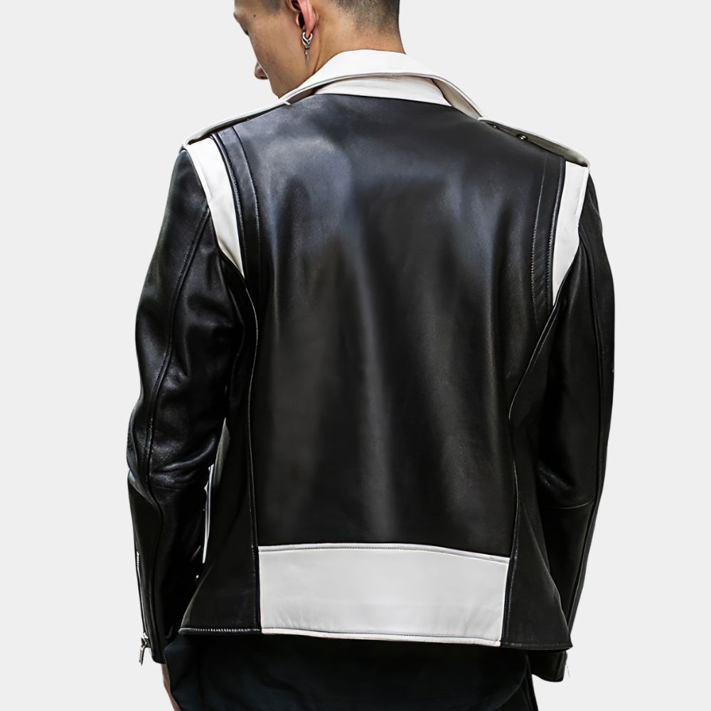 Motorcross Black and White Leather Jacket for Mens - Back View