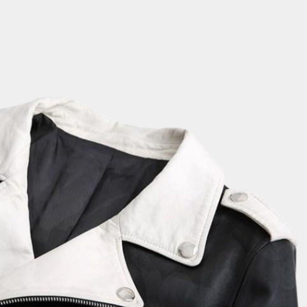 Motorcross Black and White Leather Jacket for Mens - Collar Close - Up View