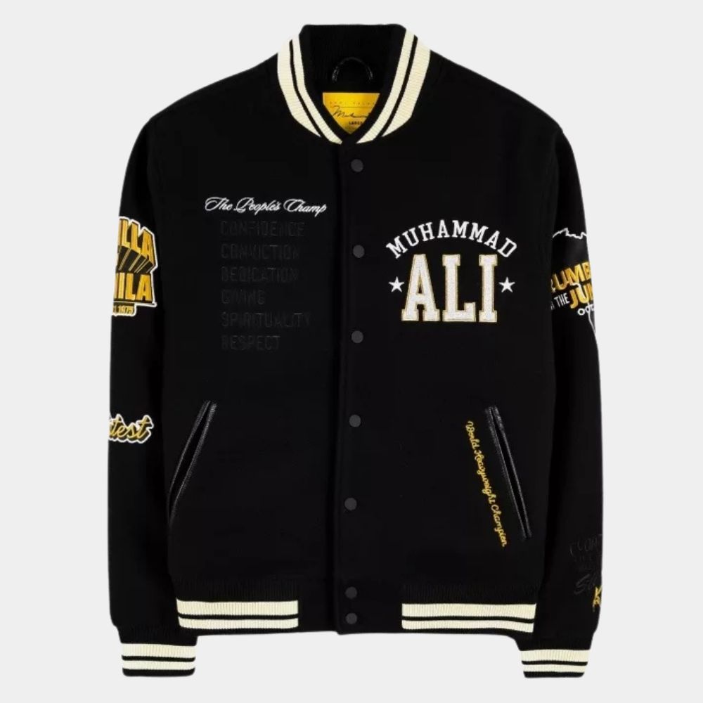 Muhammad Ali  Jalen Hurts Black Varsity Jacket - Mannequin Front View
