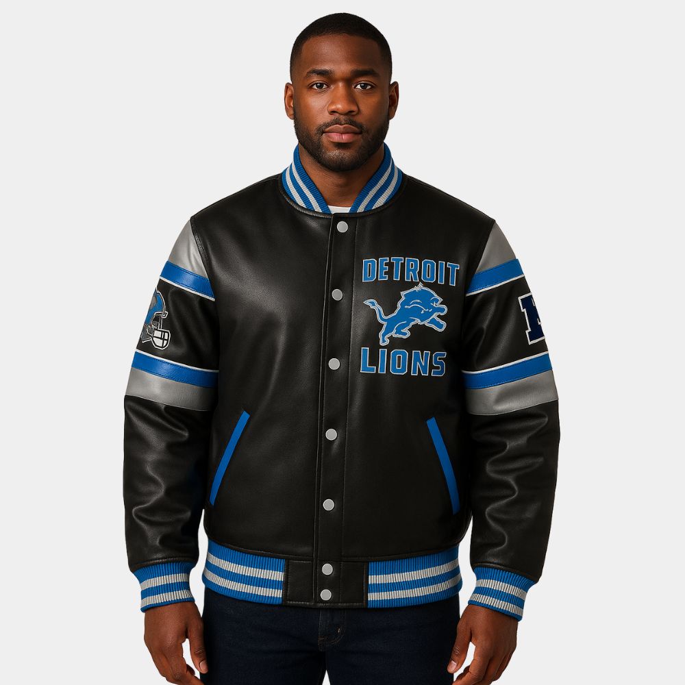 NFL  Detroit Lions Black & Blue Varsity Jacket - Front View