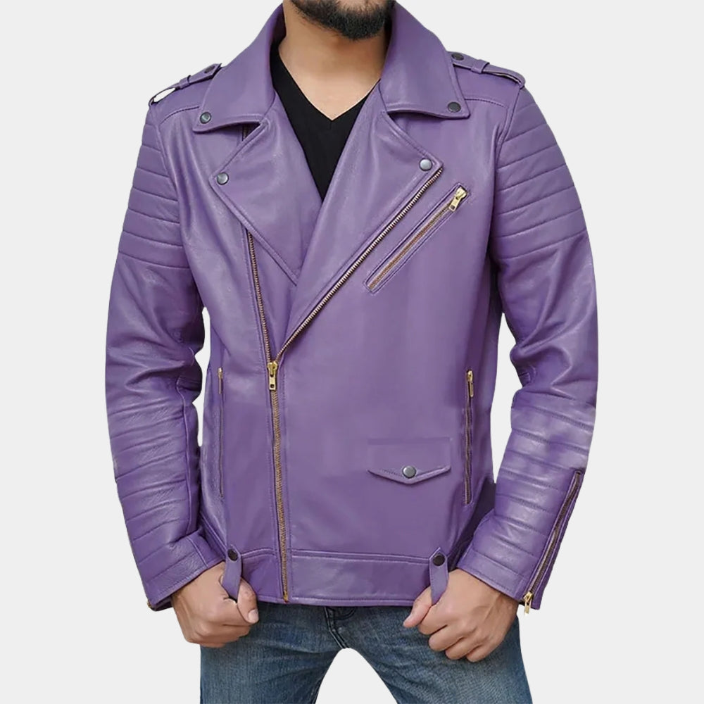 NFL  Jalen Hurts Purple Leather Biker Jacket - Front View