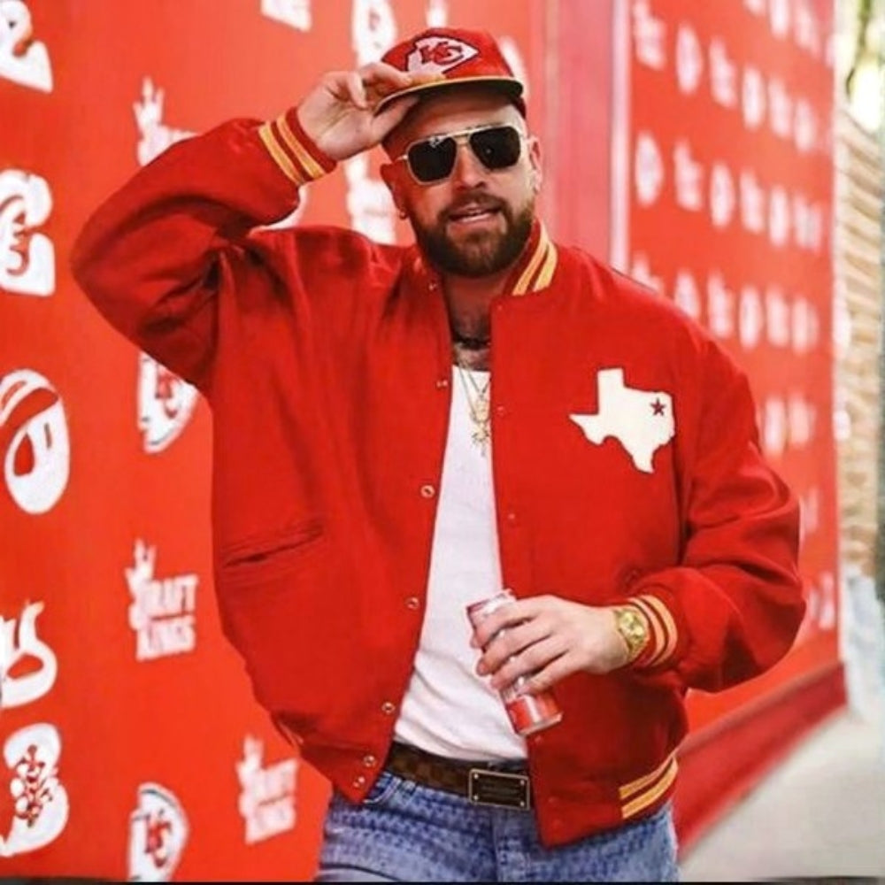 NFL  Travis Kelce Dallas Texans Red Wool Varsity Jacket - Front View