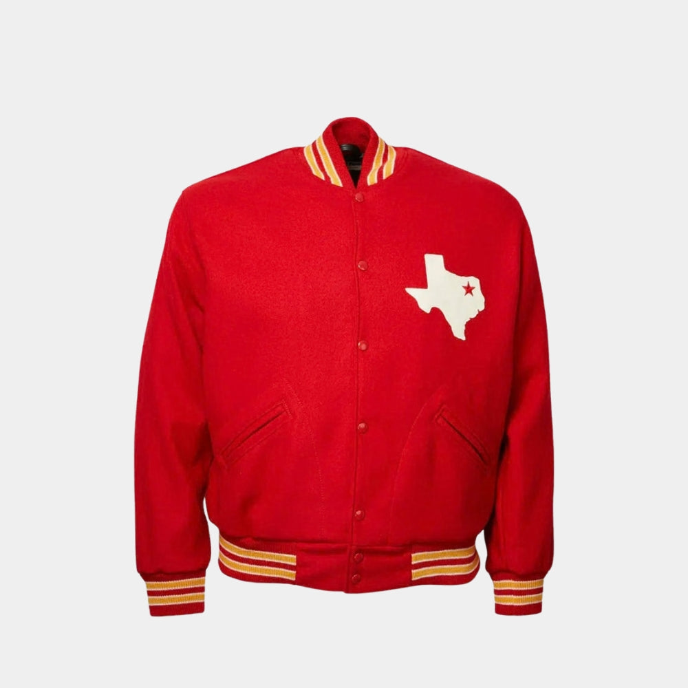 NFL  Travis Kelce Dallas Texans Red Wool Varsity Jacket - Mannequin Front View