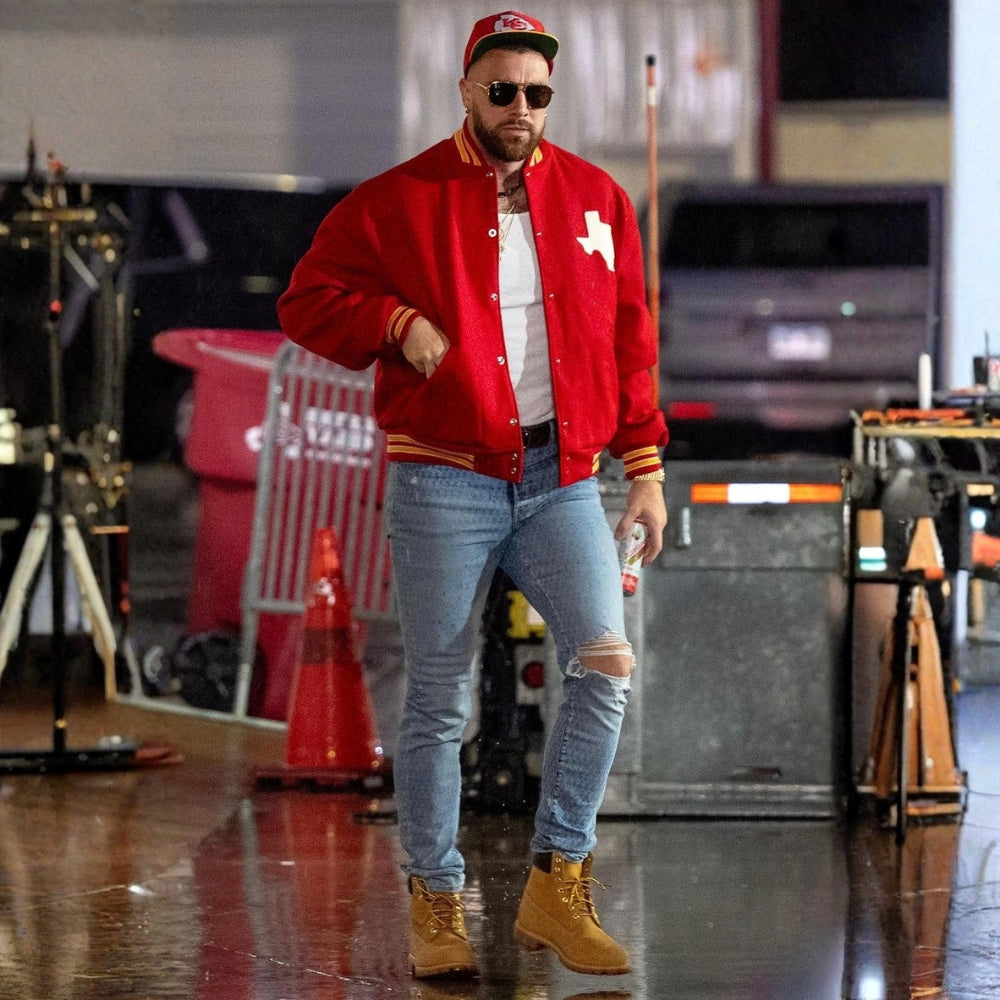 NFL  Travis Kelce Dallas Texans Red Wool Varsity Jacket - Posture View