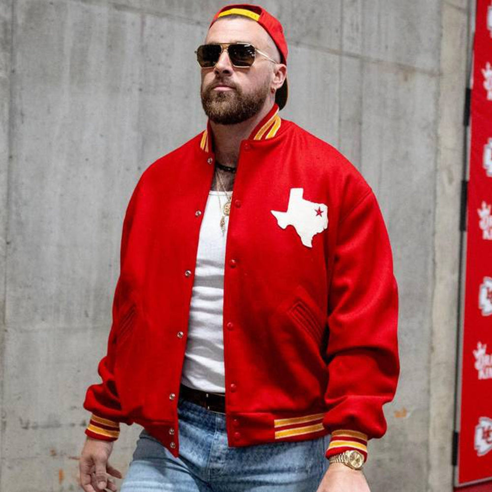 NFL  Travis Kelce Dallas Texans Red Wool Varsity Jacket - Side View