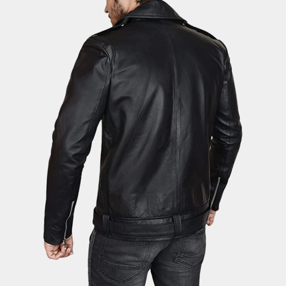 Negan Black Leather Biker Jacket - Back View