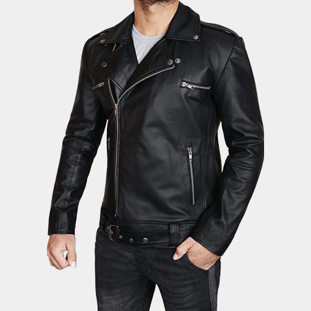 Negan Black Leather Biker Jacket - Character Front View