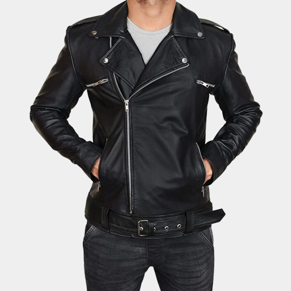 Negan Black Leather Biker Jacket - Front Posture View