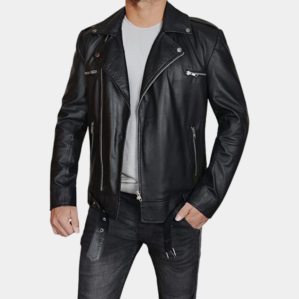 Negan Black Leather Biker Jacket - Posture Front View