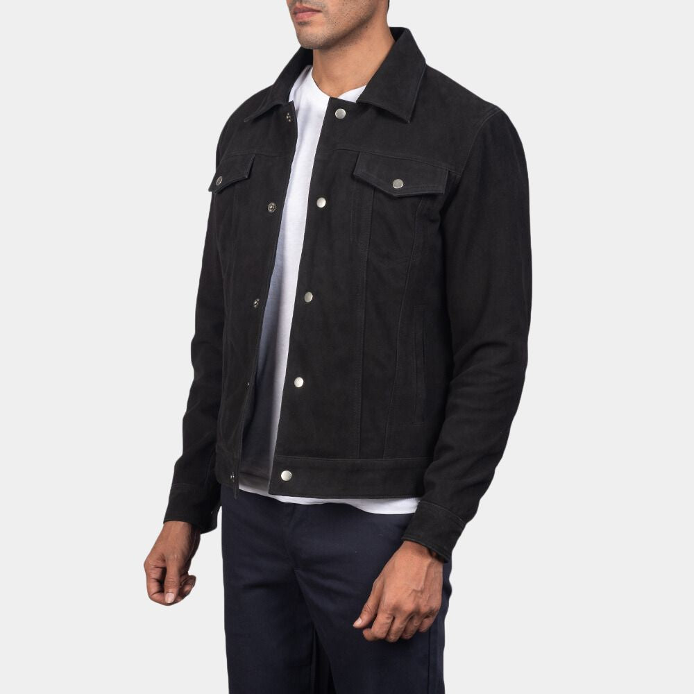 No Country for Old Men Anton Chigurh Trucker Style Black Jacket - Side Posture View
