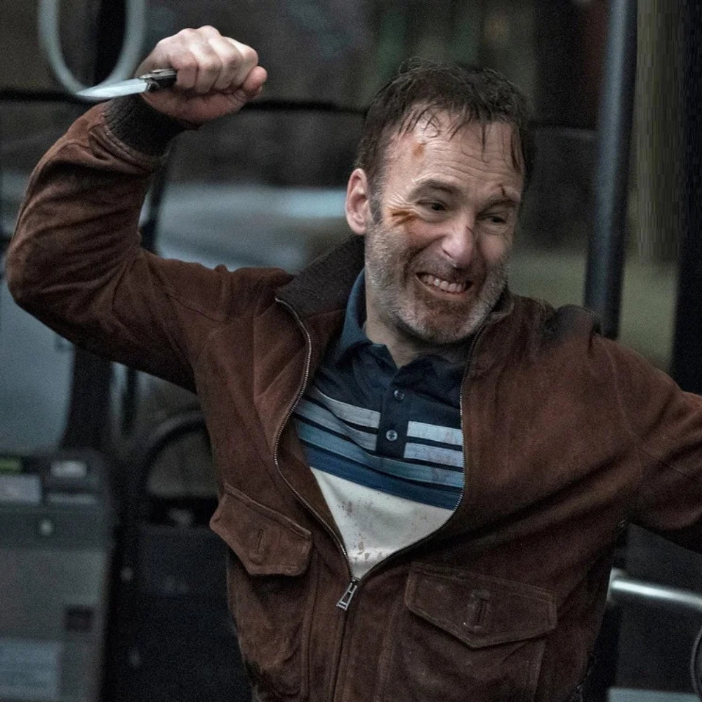 Nobody  Hutch Mansell aka Bob Odenkirk Suede Leather Jacket - Character Front View