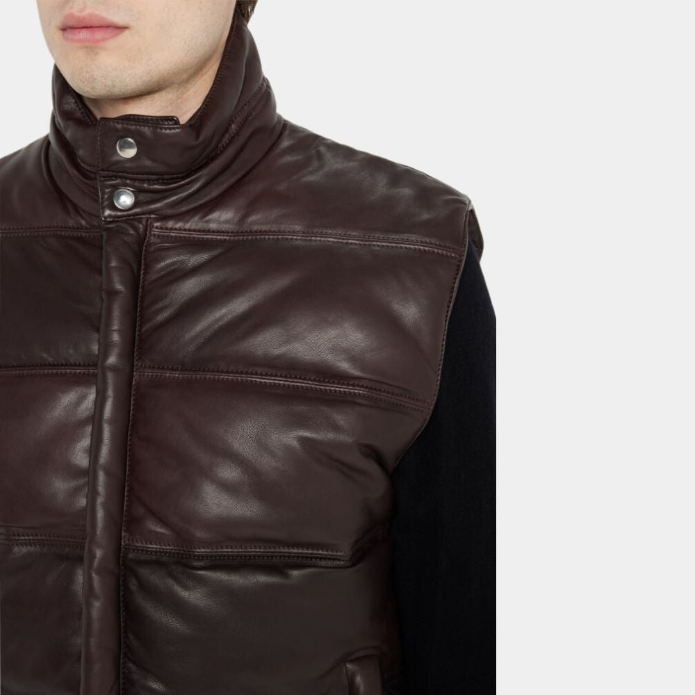 Nolan Brown Real Leather Down Gilet - Front Close - Up View