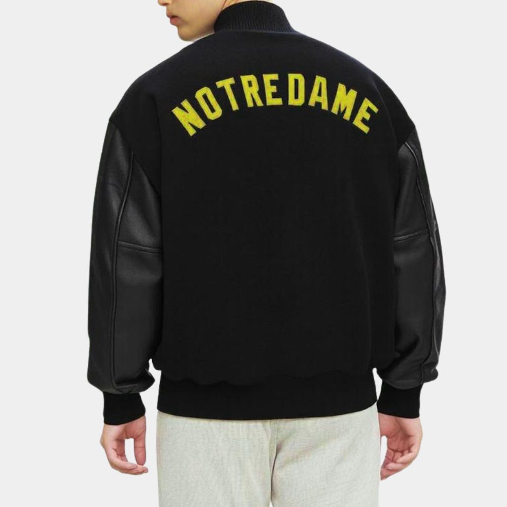 Notre Dame  Irish Black Wool With Leather Sleeves Varsity Jacket - Back View